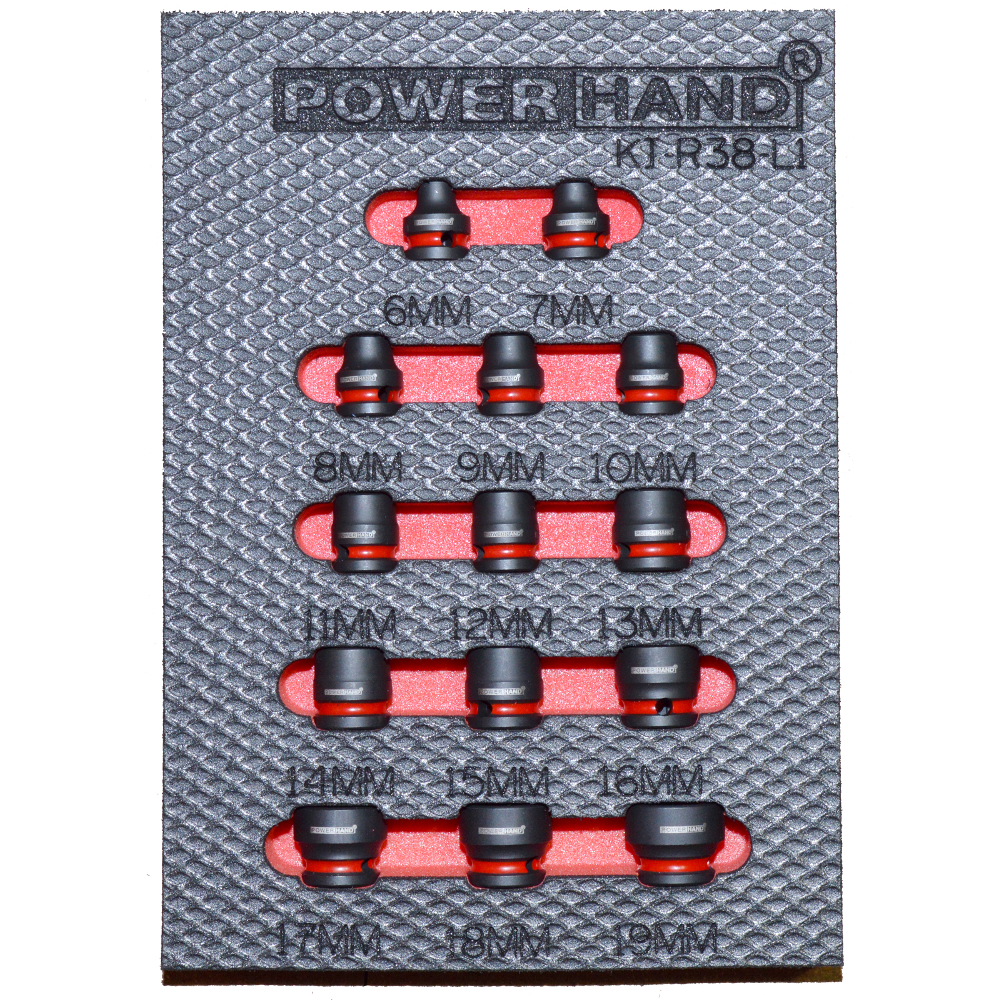 3/8" Drive Low Profile Impact Socket Set 6-19mm Powerhand in Foam Tray