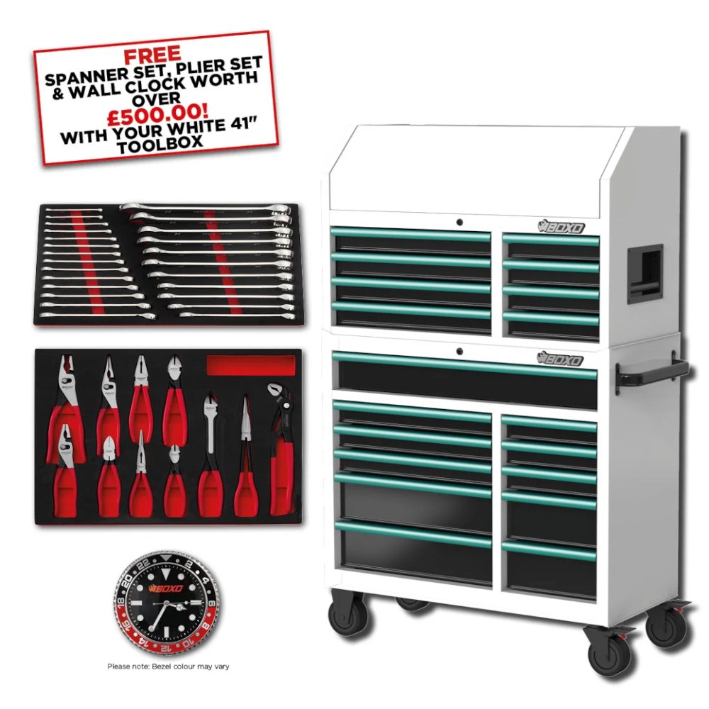 Toolbox Stack 19 Drawer Roll Cab & Top Box Heavy Duty with Charging Option White