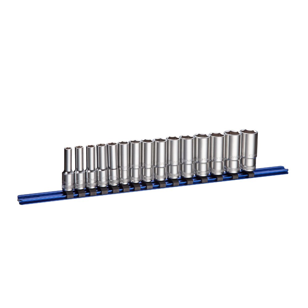 3/8" Drive Deep 6 Pnt Metric Socket Set 7-21mm 15 Pcs On Aluminium Rail B-3855AR