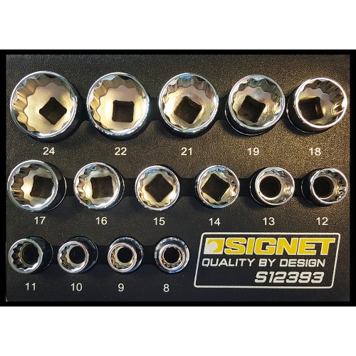 Signet 3/8" Drive Socket Set 8mm-24mm 12 Point/Bi Hex 15 Pc in EVA Foam S12393