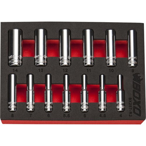 1/4" Drive Socket Set 6 Point Deep 4-14mm 13 Pcs in Foam Tray BOXO BX257-R2
