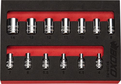1/4" Dr Socket Set 6Pt Standard Length 4-14mm 13 Pcs in Foam Tray BOXO BX259-R2