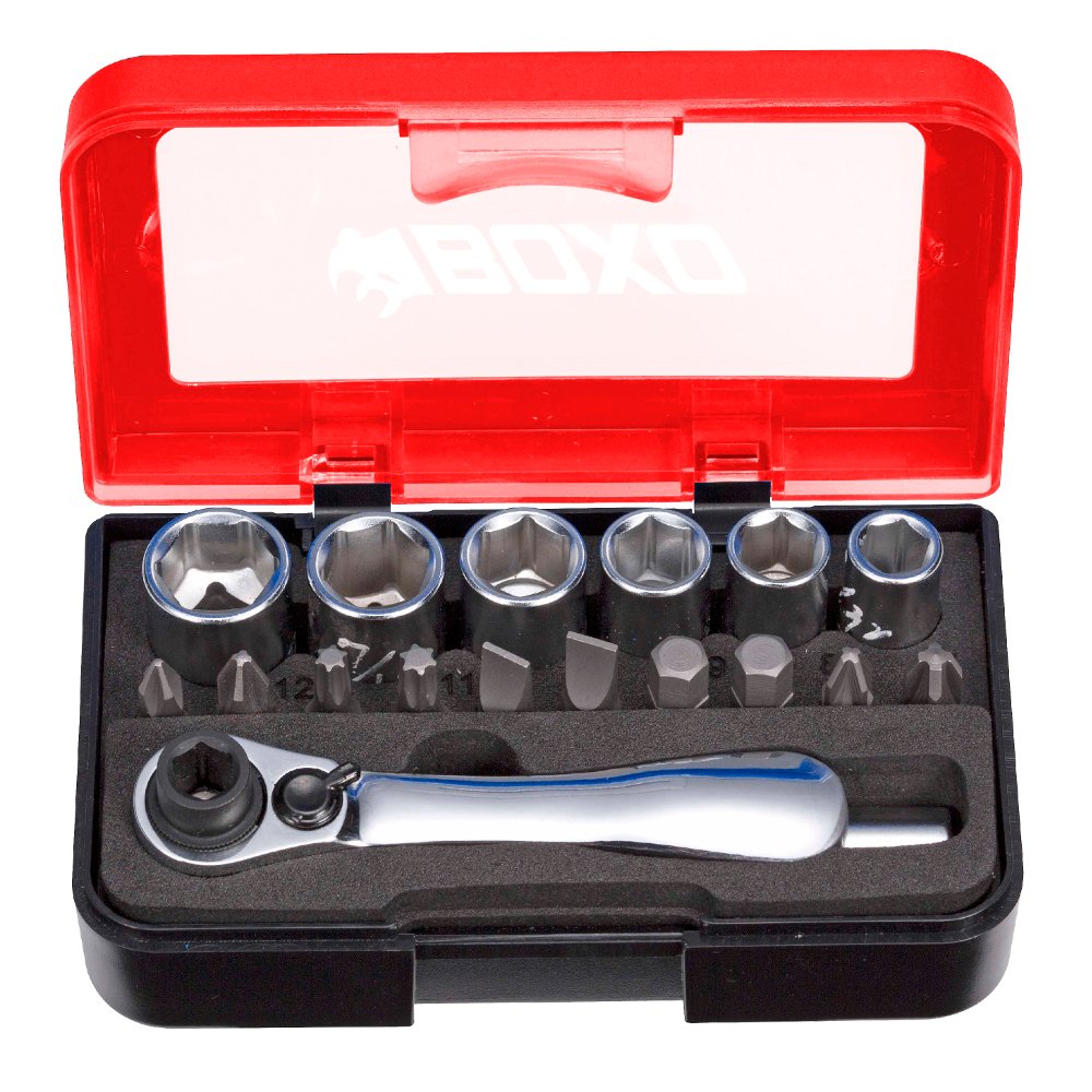 1/4" Dr Socket Set 7-12mm Bit Ratchet-Ext-Bits 18 Pcs in Carry Case BOXO P501