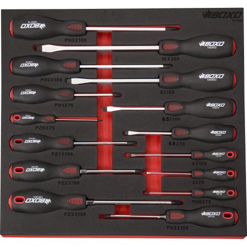 Screwdriver Set 15 Pieces. Slotted, Phillips & Pozi BOXO EVA Foam BX094-R
