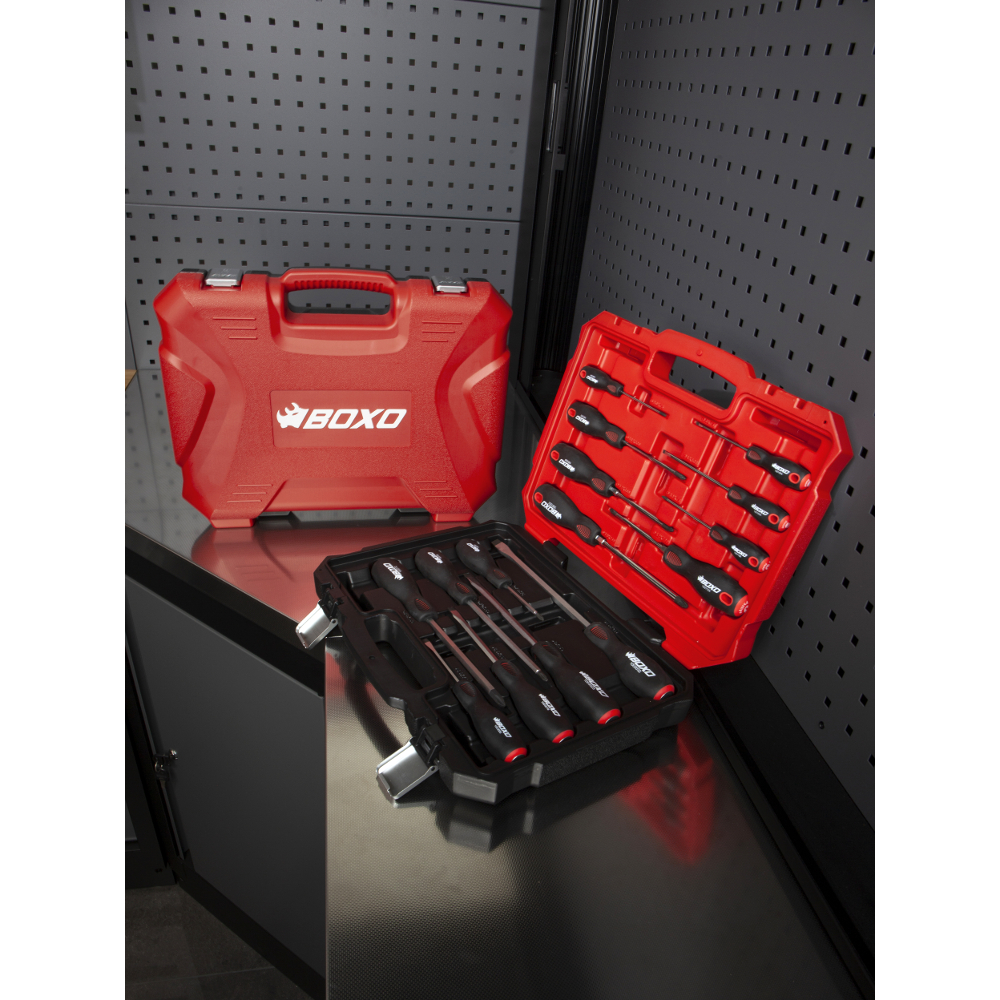 Screwdriver Set 15 Pieces. Slotted, Phillips & Pozi BOXO Carry Case BXB009