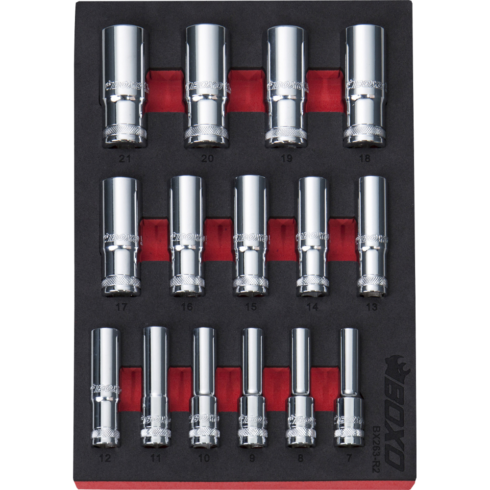 3/8" Drive Deep Socket Set 12 Point 64mm height 15 Pcs BOXO BX263-R2