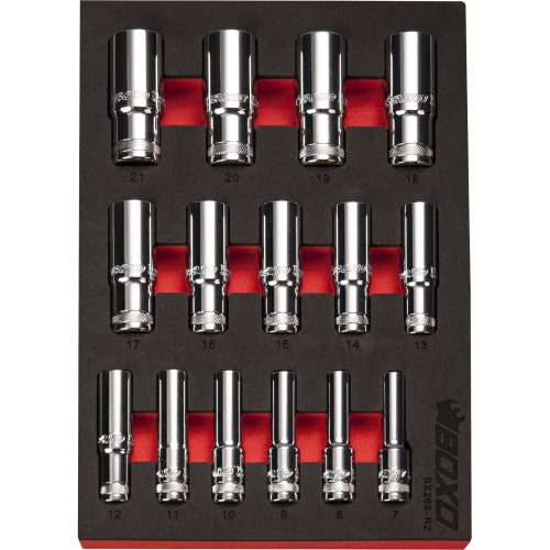 3/8" Drive Deep Socket Set 6 Point 64mm height. 15 Pcs BOXO BX269-R2