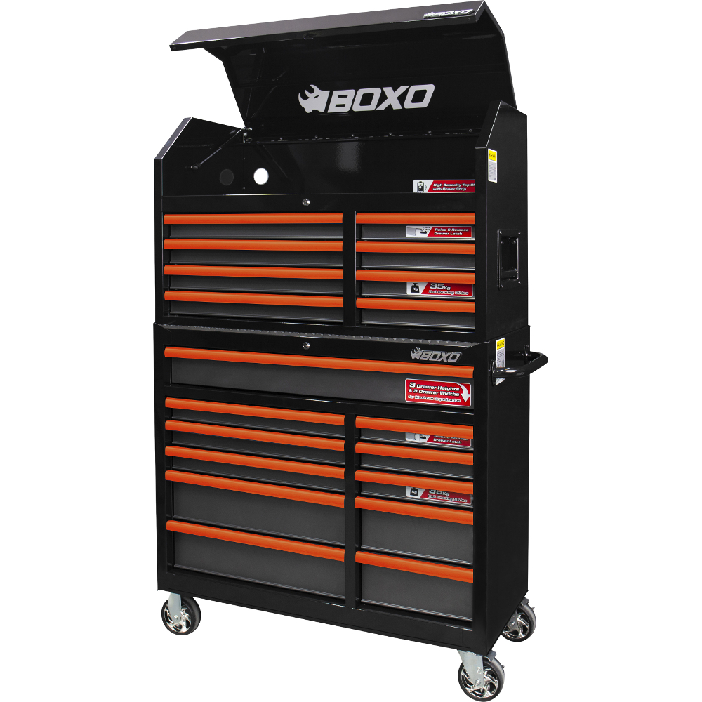 Toolbox Stack 19 Drawer Roll Cab & Top Box Heavy Duty with Charging Option Black