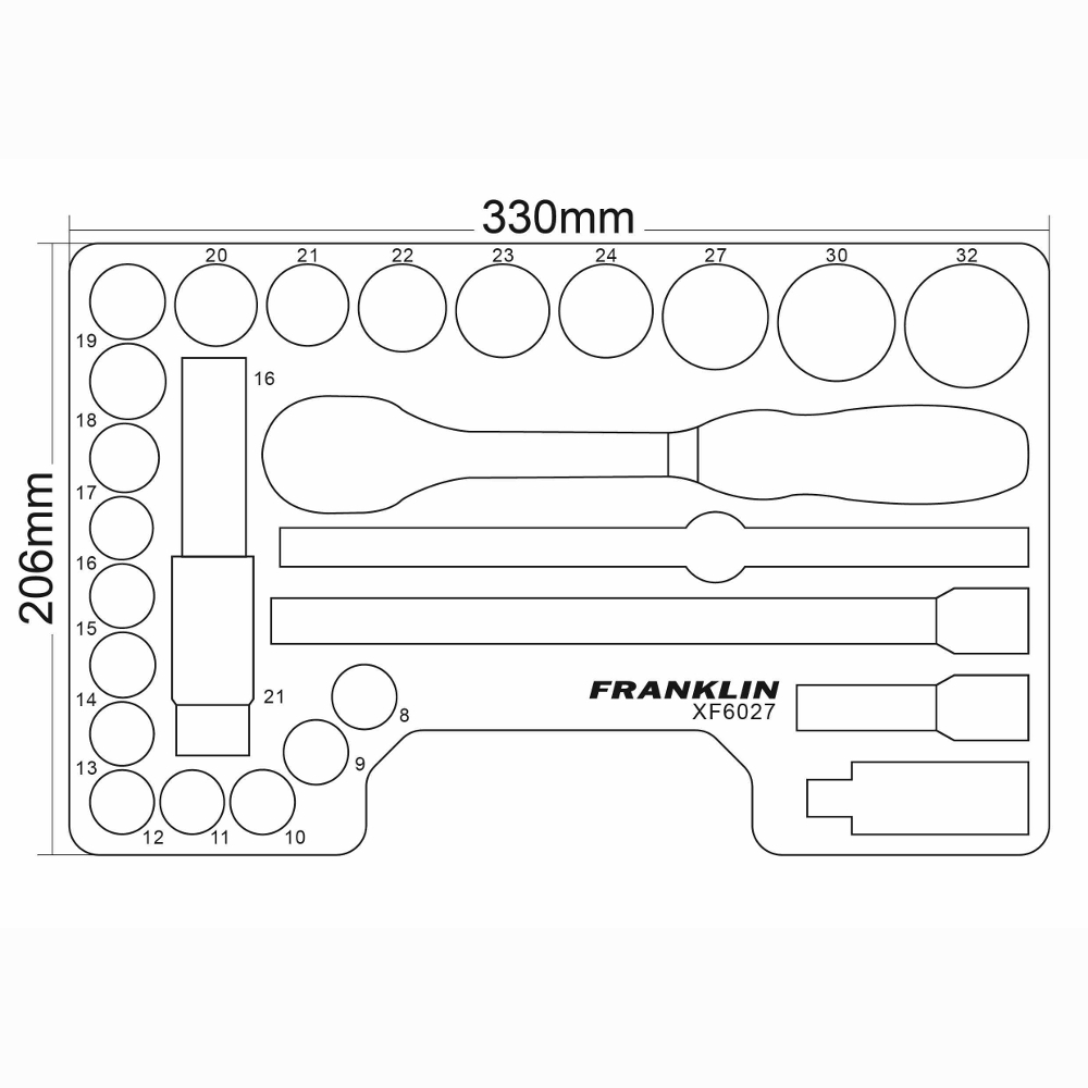1/2" Drive Socket Set 6 Point 27 Piece Franklin Tools XF6027
