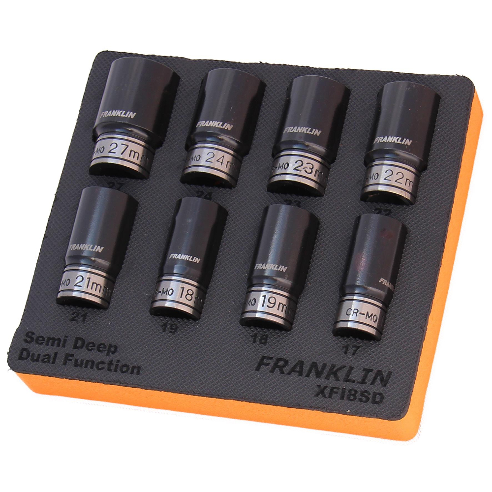 1/2" Drive Semi Deep Thin Wall Impact Socket Set 6 Pt 17-27mm Franklin Tools XFI8SD