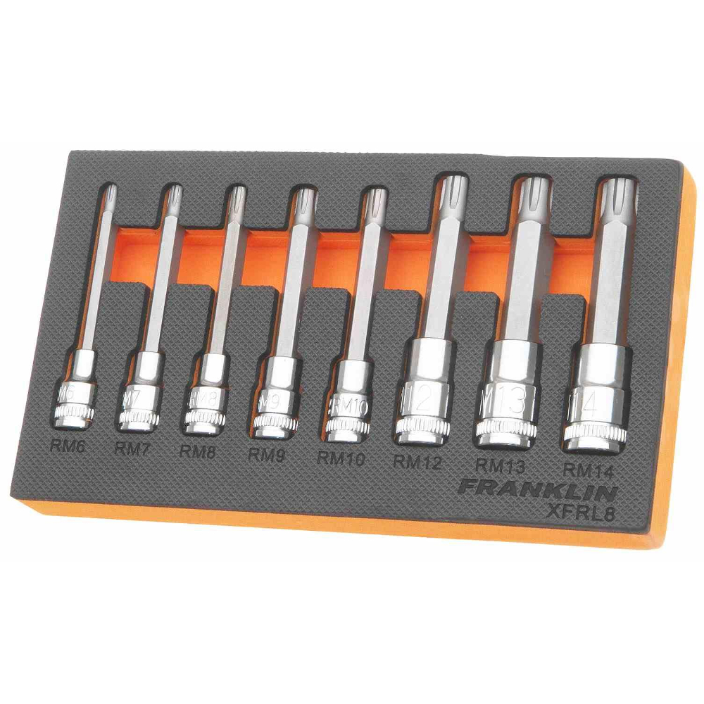 3/8" & 1/2" Drive Long Ribe Bit Socket Set 8 Pcs Franklin Tools XFRL8