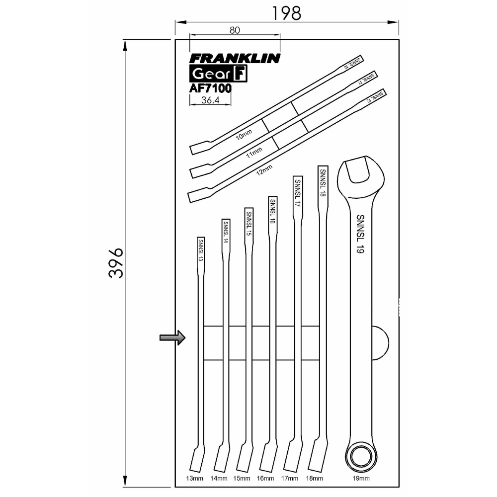 Combination Spanner Set XL 12 Pt 10 Pce Grip 4+ Franklin Tools 10-19mm AF7100
