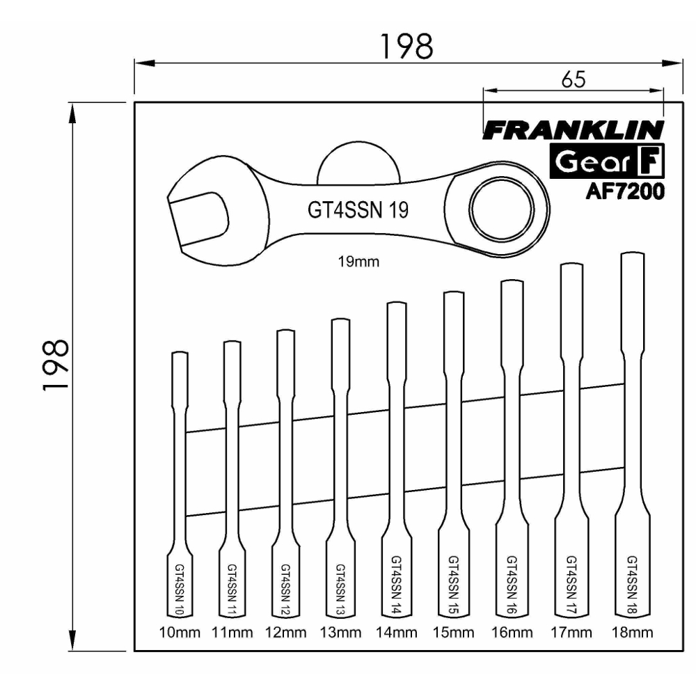 Stubby Ratchet Spanner Set 10 Pce 12 Point Franklin Tools AF7200