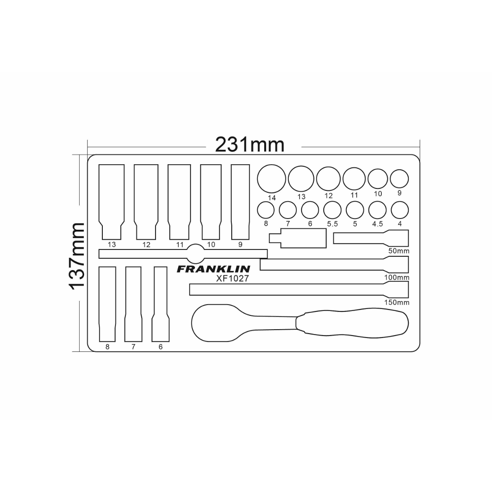 1/4" Drive 6 Point Socket Set 27 Pce Franklin Tools XF1027