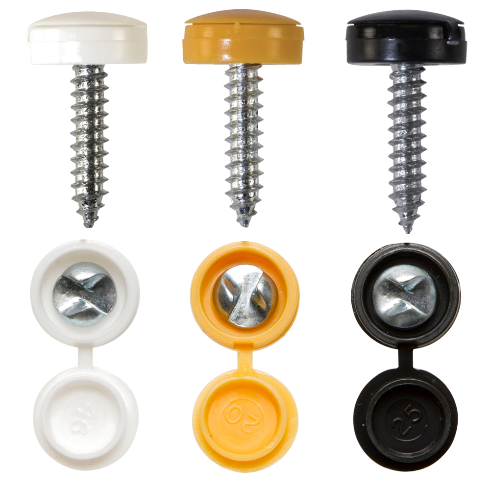 Security Number Plate Fasteners - Self-Tappers Hinged Caps Yellow/Black/White