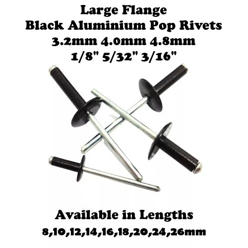 Black Pop Rivets Large Flange Head Aluminium 3.2, 4.0, 4.8mm (1/8" 5/32" 3/16")
