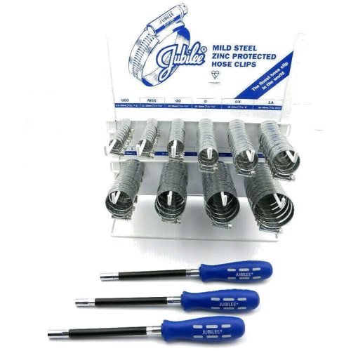 Jubilee Hose Clips x 100 with Dispenser Rack & 3 Flexible Drivers JUB100