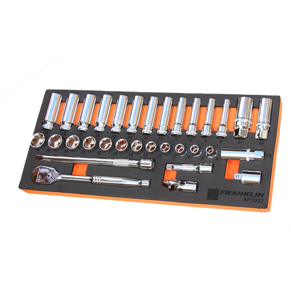 3/8" Drive Socket Set 32 Pc 6pt Standard & Deep Sockets etc Franklin AF3032