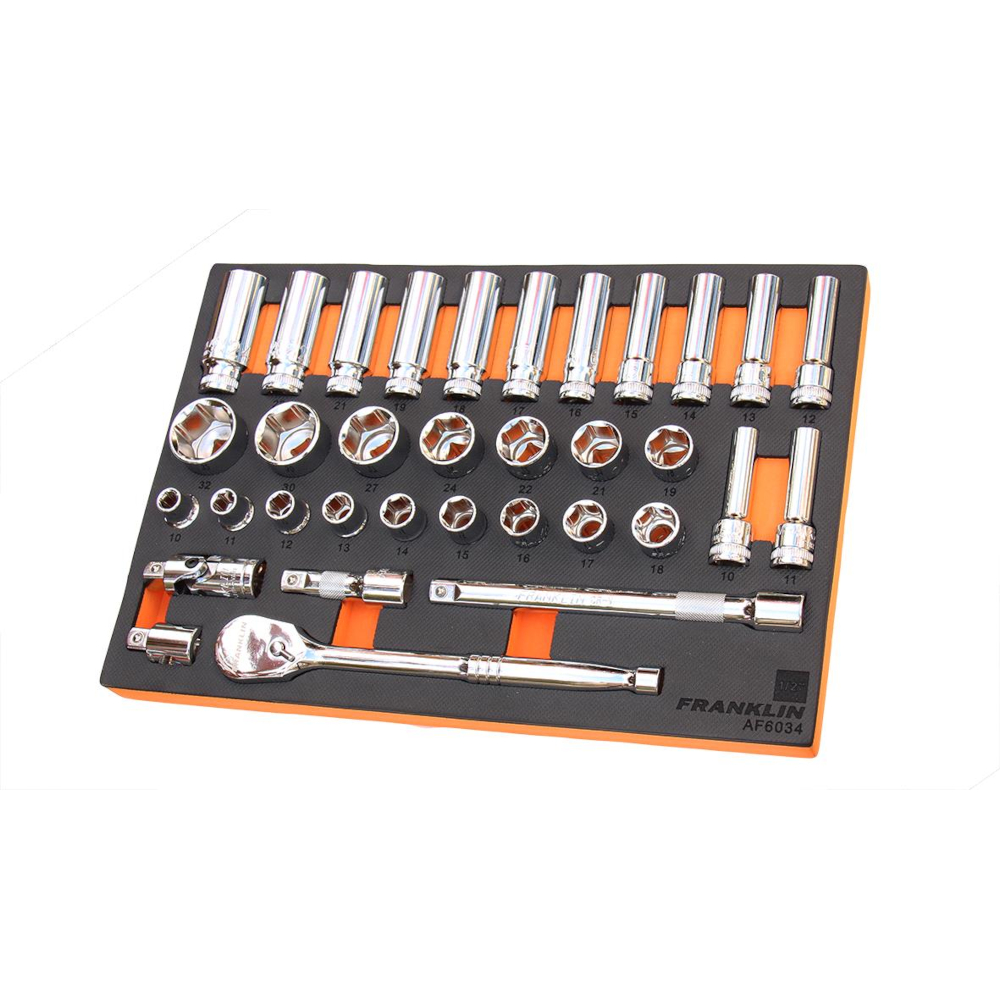1/2" Drive Socket Set 34 Pc 6pt Standard & Deep Sockets etc Franklin AF6034