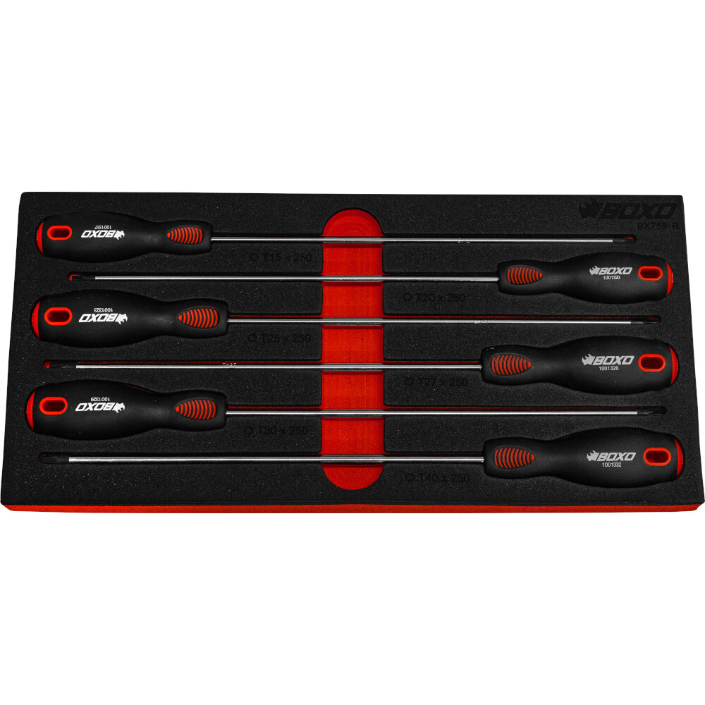 Long Torx Screwdriver Set 250mm 6Pcs T15, T20, T25, T27, T30, T40 BOXO BX759-R