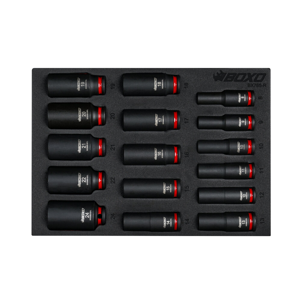 Impact Socket Set BOXO 3/8" Drive Deep 62mm Height 16 Piece Colour coded BX765-R