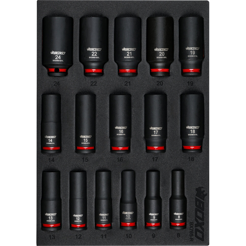 Impact Socket Set BOXO 3/8" Drive Deep 62mm Height 16 Piece Colour coded BX765-R