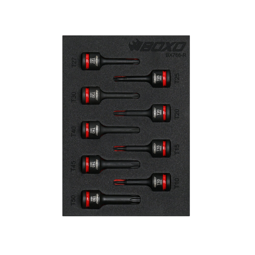 Impact Socket Set BOXO 3/8" Drive Torx Bit 60mm Height 9 Pc Colour Coded BX766-R