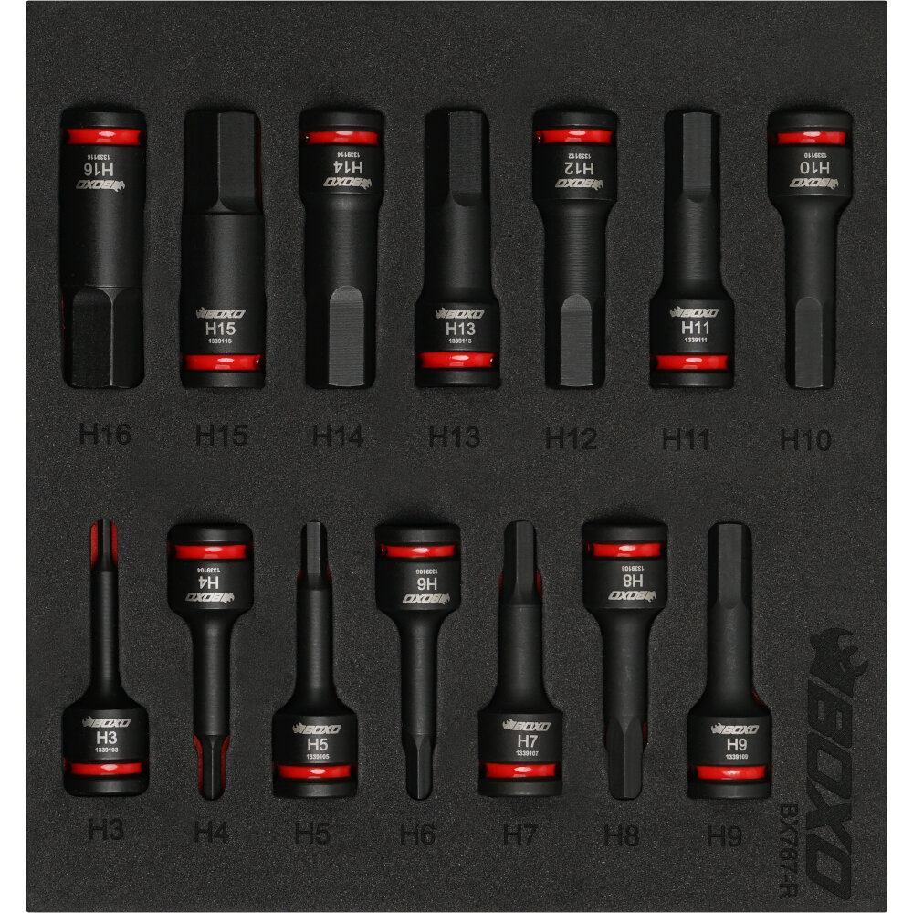 Impact Socket Set BOXO 3/8" Drive Hex Bit 60mm Height 9 Pce Colour Coded BX767-R
