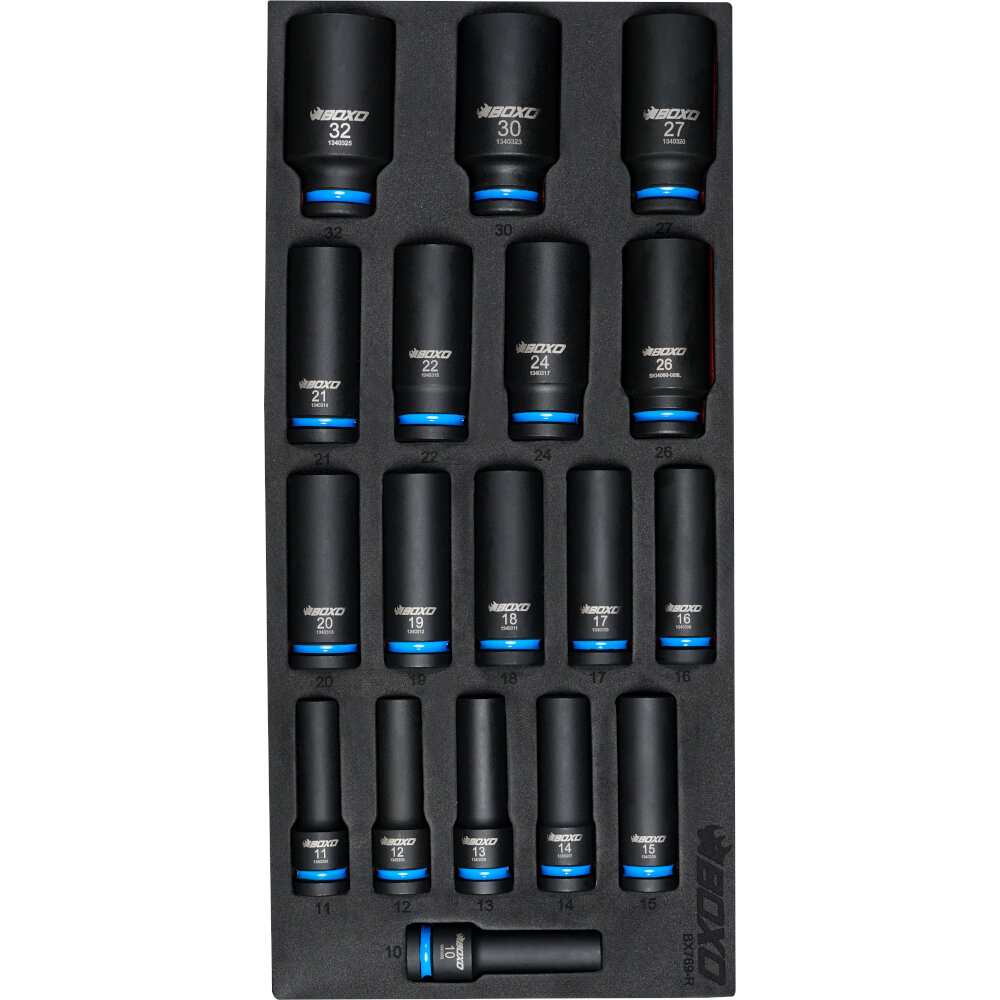 Impact Socket Set BOXO 1/2" Drive Deep 77mm Height 18 Piece Colour Coded BX769-R