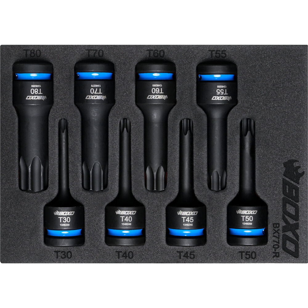 Impact Socket Set BOXO 1/2" Drive Torx Bit 75mm Height 8 Pc Colour Coded BX770-R