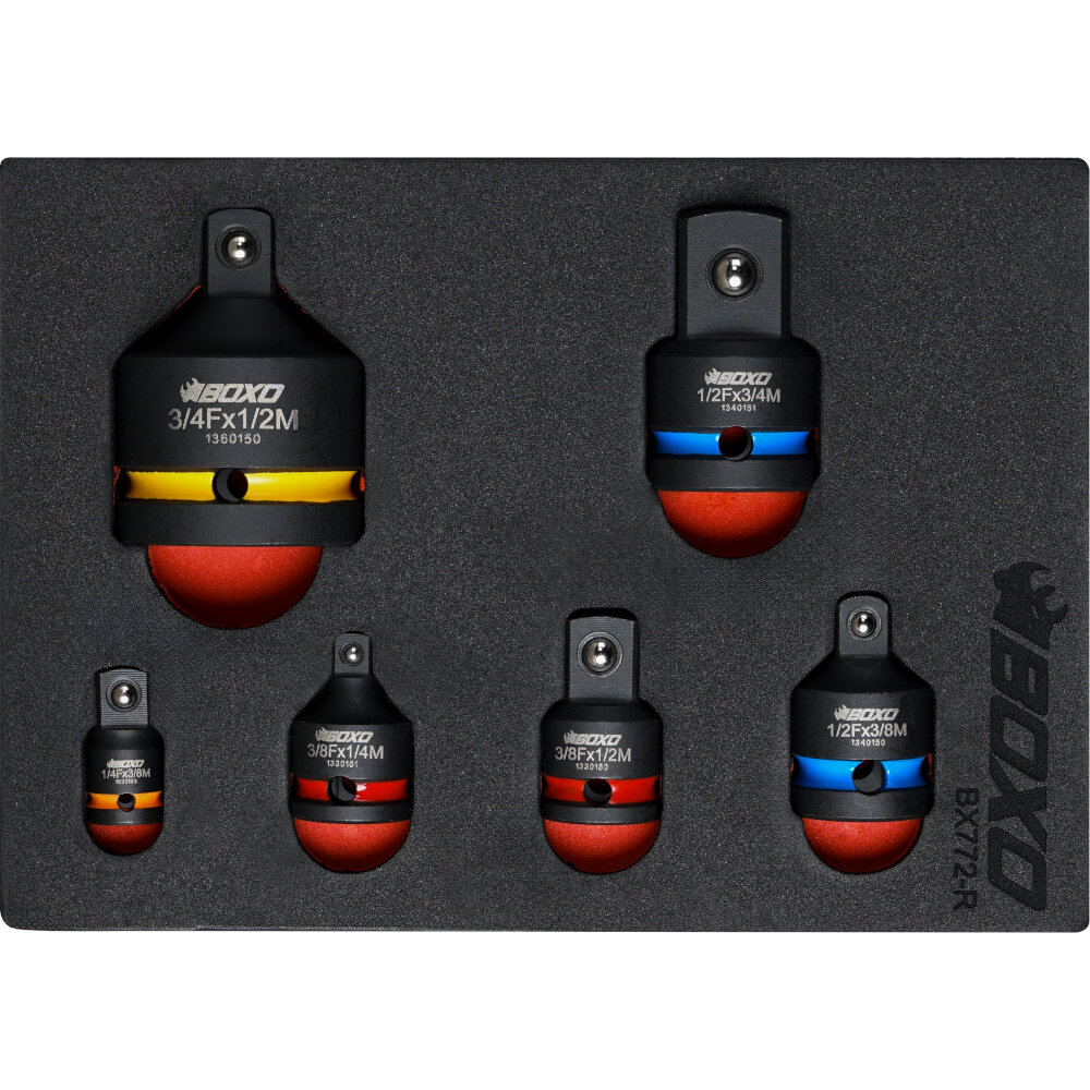 Impact Adapter Set BOXO 1/4", 3/8", 1/2", 3/4" Drive 6 Pces Colour Coded BX772-R