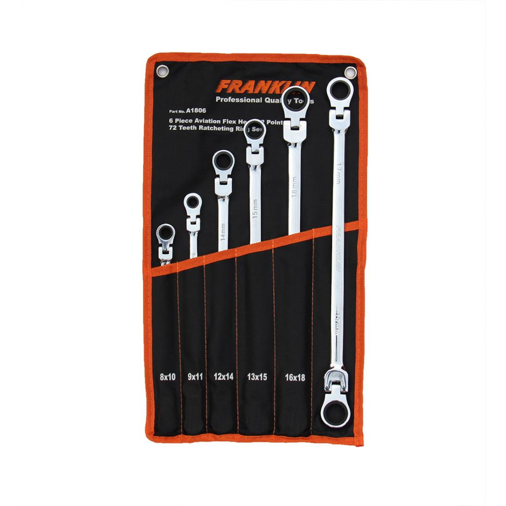 XL Flex Head Spanner Set 6 Pc 12 Pt 72 Teeth 180° Flex in a Roll -Franklin A1806
