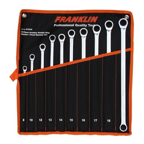 Double Ring Ratchet/Fixed Spanner Set Aviation 10 Piece 8 to 19mm Franklin A1810