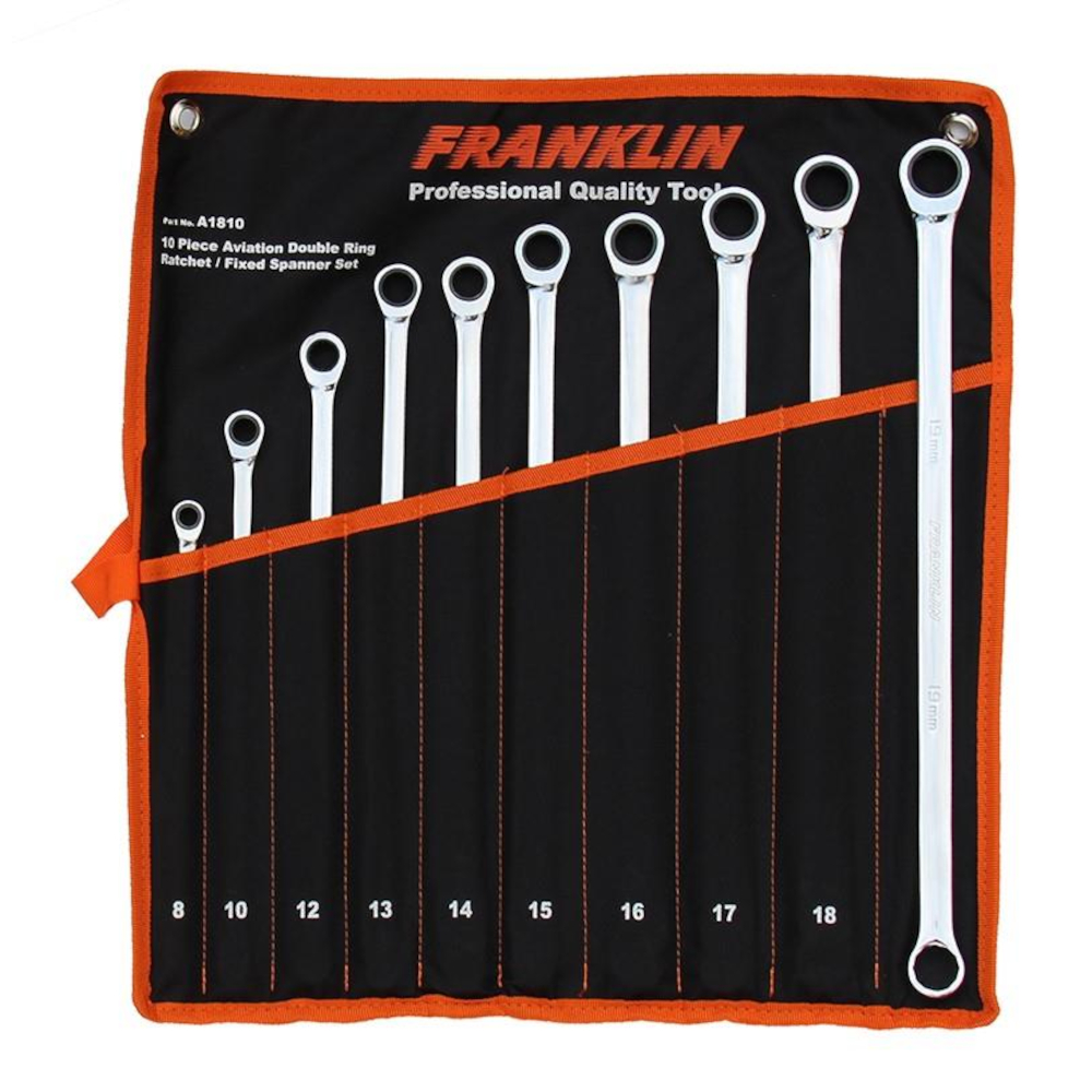 Double Ring Ratchet/Fixed Spanner Set Aviation 10 Piece 8 to 19mm Franklin A1810