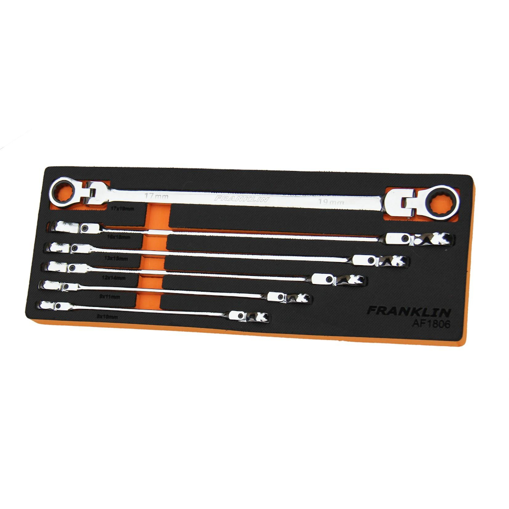 XL Flex Head Spanner Set 6 Pc 12 Pt 72 Teeth 180° Flex -EVA Foam Franklin AF1806