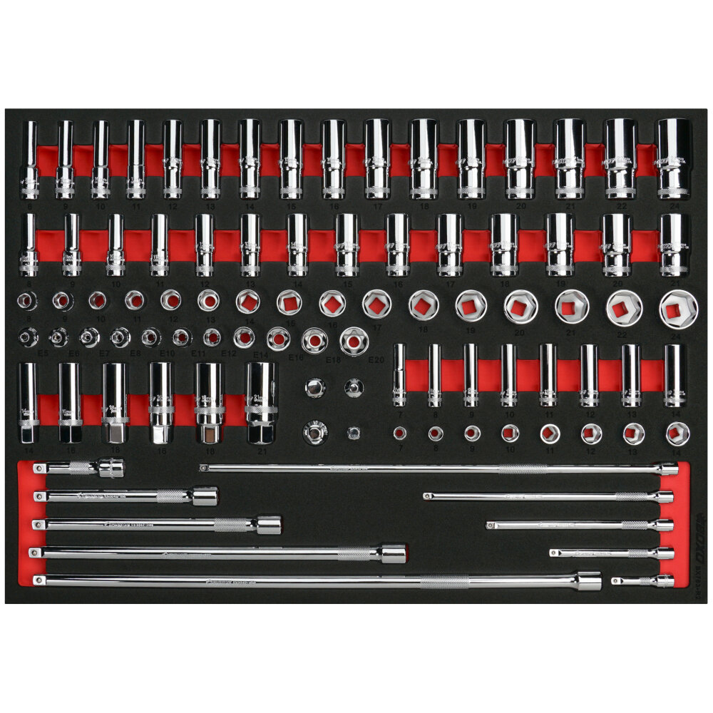 Boxo Master Socket Set 1/4" & 3/8" Drive Short & Deep Sockets 93 Pcs in EVA Foam