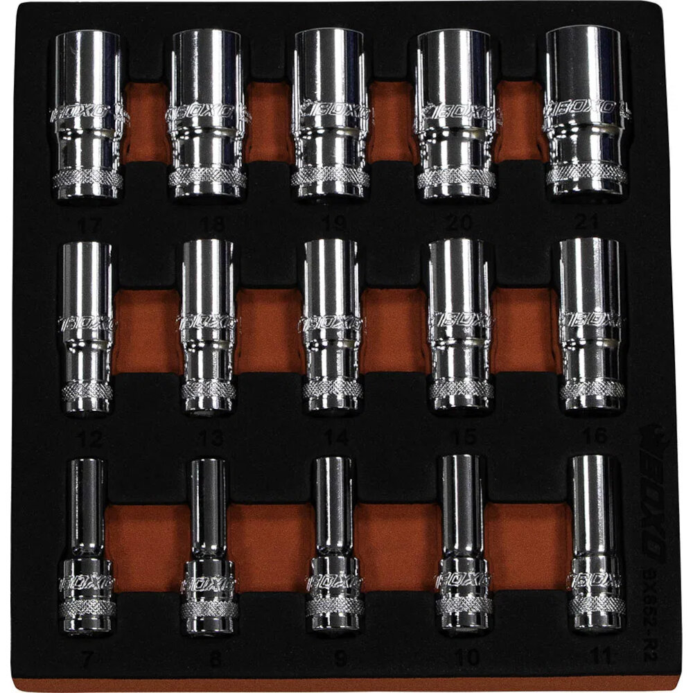 Semi-Deep 12pt Socket Set 3/8" Drive 15 Pce High Polished Chrome - BOXO BX852-R2