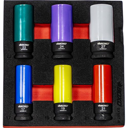 Alloy Wheel Socket Set 1/2" Dr 6Pc 17,19,21,22,24,27mm Nylon Sleeve BOXO BX857-R