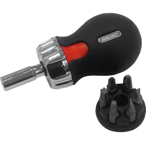 Stubby Ratcheting Screwdriver with Fixed Magnetic Bit Holder & 6 Bits -BOXO BR04