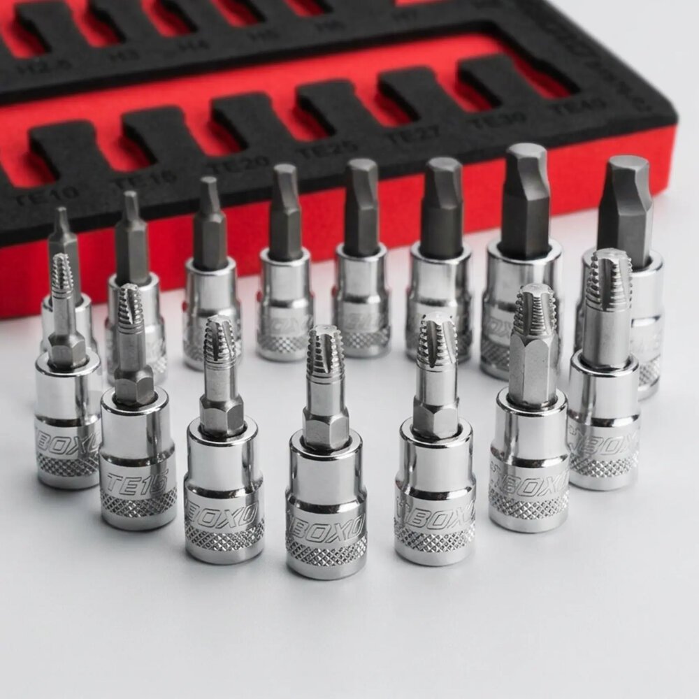 Torx and Hex Extractor Bit Socket Set 1/4" and 3/8" Drive 15 Piece BOXO BX876-R2 - Image 2